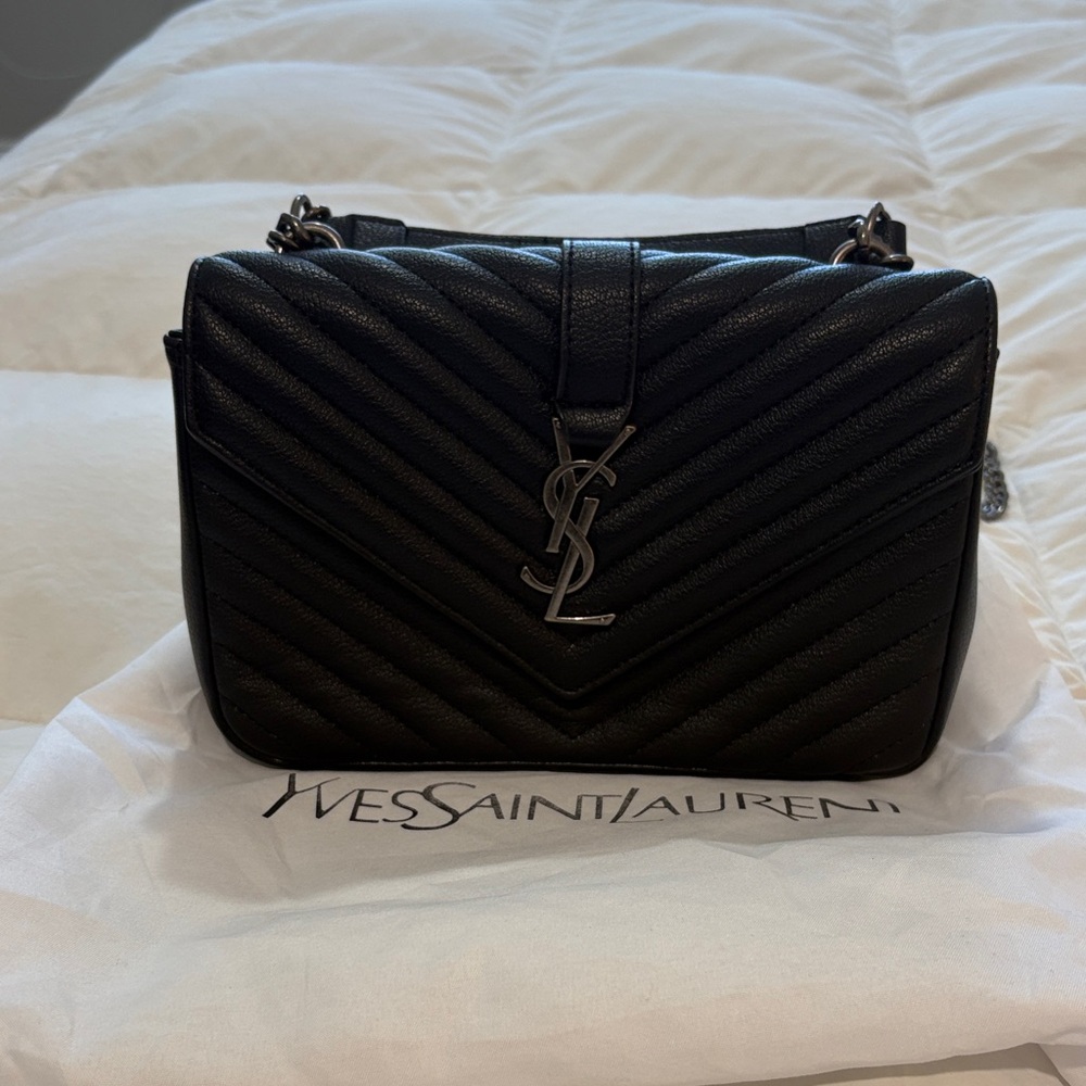 Saint Laurent Black Chevron Quilted Leather Shoulder Bag with YSL Logo